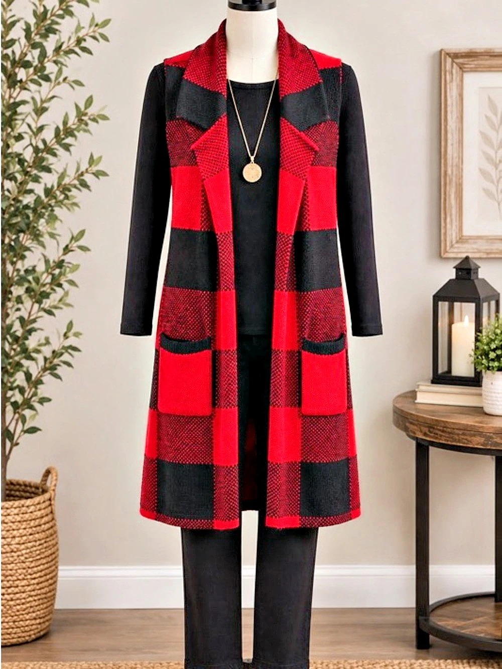 Long Plaid Vest Sweater Red & Black